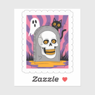 Sticker Timbre de poste d'Halloween Pierre Tombale Crâne E