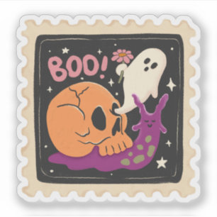 Sticker Timbre Halloween « Hou! » Crâne et Fantôme Vintage