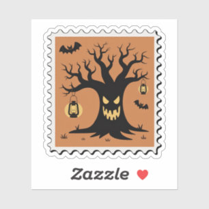 Sticker Timbre-poste d'Halloween Arbre Hanté Effrayant