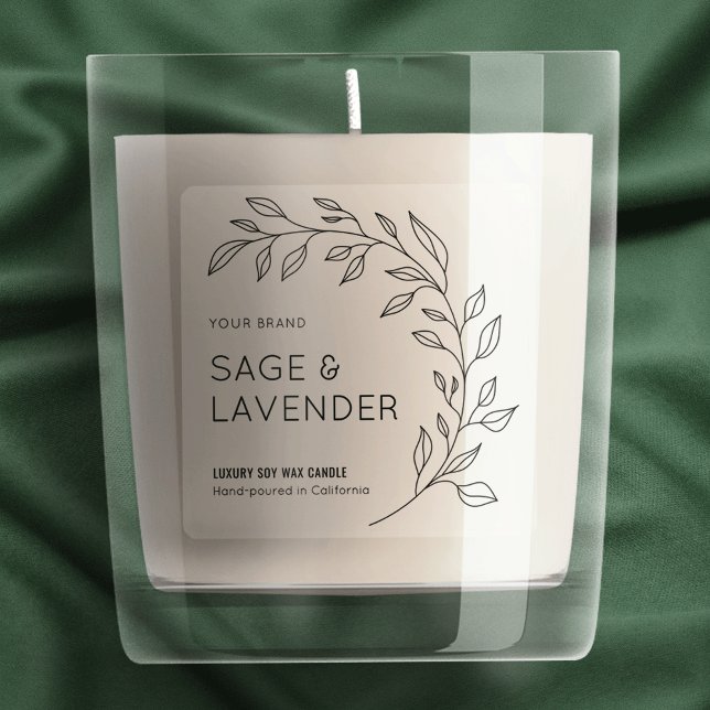 Sticker Translucide Botanique Simple Bougie Jar 3x3 Étique (Transparent square candle jar label with modern botanical leaf motif and simple layout)