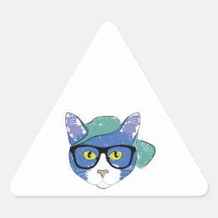 STICKER TRIANGULAIRE CHAT JAUNE EN VERRE NOIR ET CASQUETTE VERT