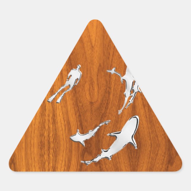 Sticker Triangulaire Chrome style Diver with Sharks on Teak Veneer (Devant)