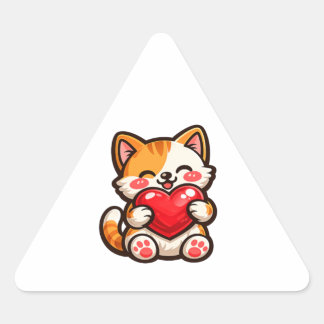 Sticker Triangulaire Cute Cat Heart – Kawaii Cat Hugging Red Heart, Cut