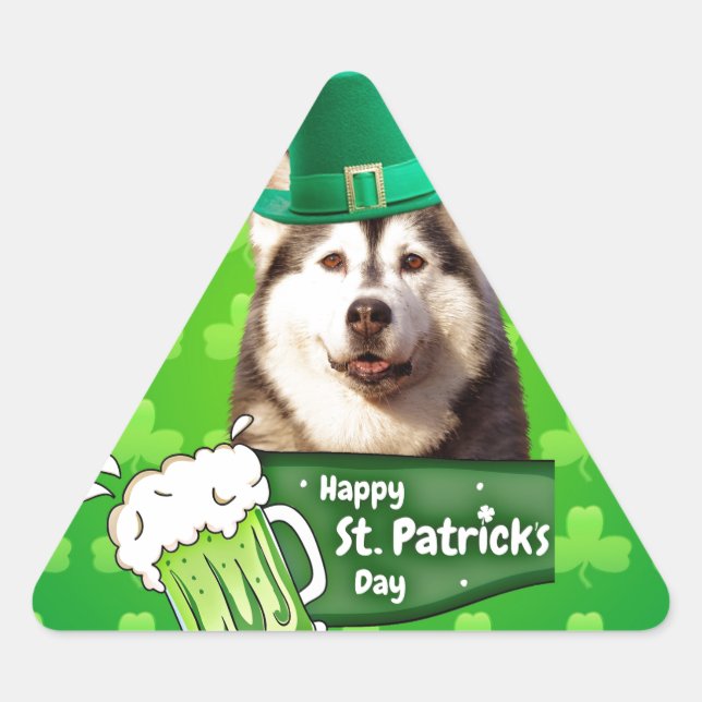 Sticker Triangulaire Cute Siberian Husky Chien Casquette St. Patrick's  (Devant)