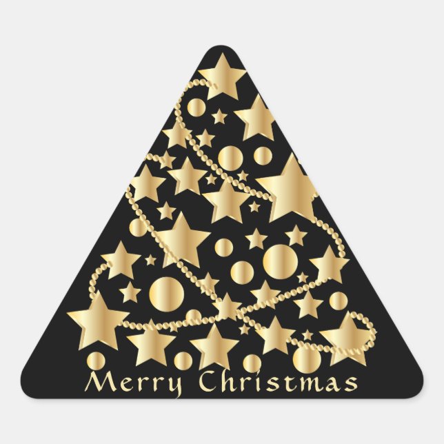 Sticker Triangulaire Élégant Script Joyeux Noël Gold Star Black (Devant)