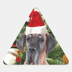 Sticker Triangulaire Grand Danois avec boîtes cadeaux de sapin de Noël 