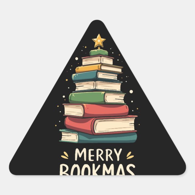Sticker Triangulaire Joy Bookmas - Festive Book Stack for Book Lovers (Devant)