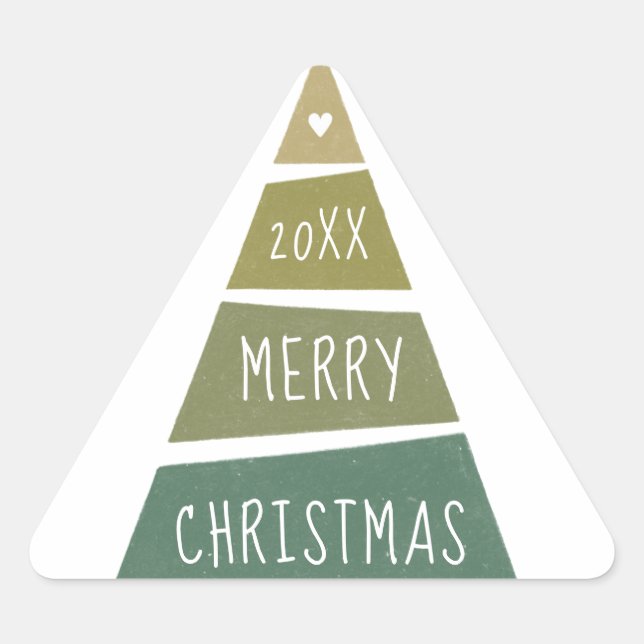 Sticker Triangulaire Joyeux Noël. Arbre de vacances vert géométrique (Devant)