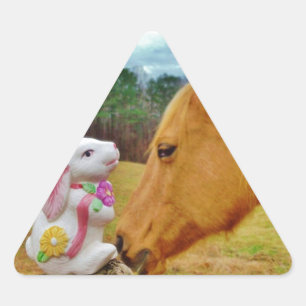 Sticker Triangulaire Lapin blanc et Cheval jaune