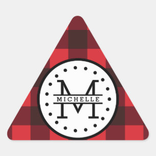 Sticker Triangulaire Monogramme rouge de nom de bûcheron de plaid de