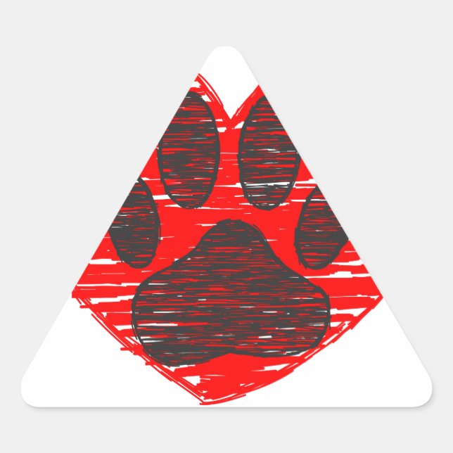Sticker Triangulaire Paw Chien Croquis Dans Le Coeur Rouge (Devant)