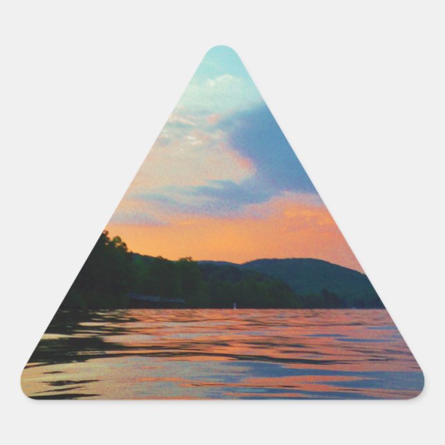 Sticker Triangulaire Pêche et coucher de soleil sur le lac de montagne (Devant)
