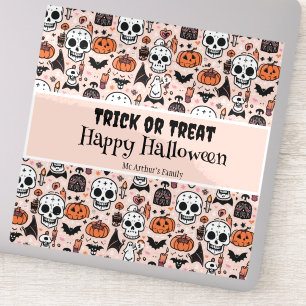 Sticker Tricoter ou traiter l'Halloween rose Nom de famill