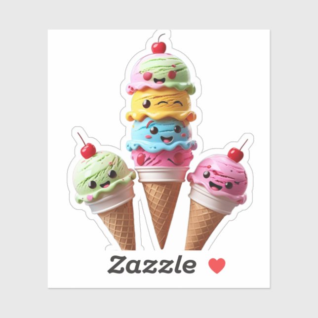 Sticker Trio Cone à la crème glacée mignonne avec  (Feuille)