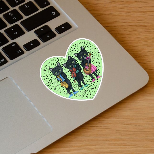 Sticker Trois Chats Noirs Jouer Musique Coeur Vert (Black Cat musicians playing instruments in clothes on green heart with music notes on vinyl sticker.)