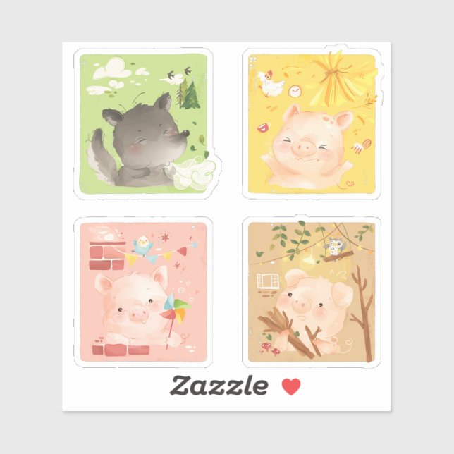 Sticker Trois petits cochons et gros loup (Feuille)
