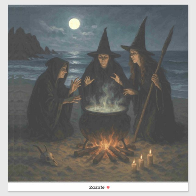 Sticker Trois Sorcières Brew Cauldron Pleine lune Beach (Feuille)