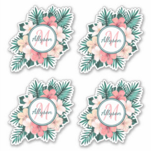 Sticker Tropical Fern Hibiscus Cadre Monogramme Contour