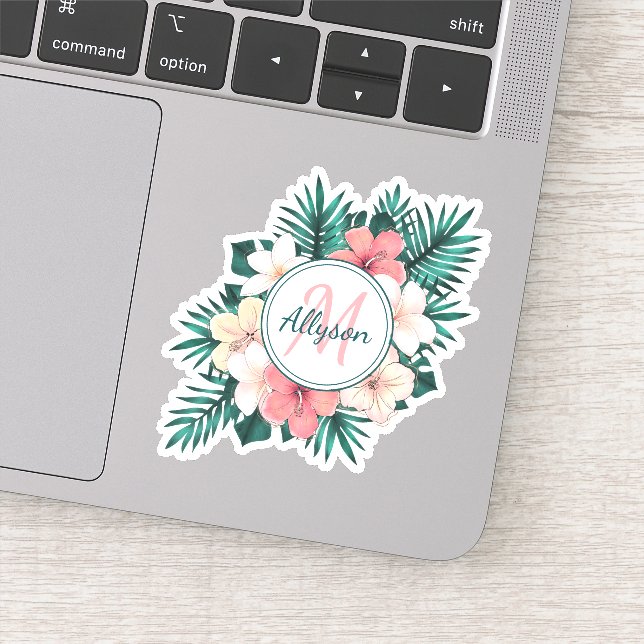 Sticker Tropical Fern Hibiscus Cadre Monogramme Contour (Détail)