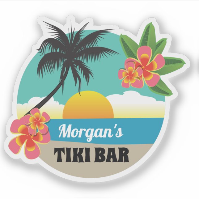 Sticker Tropical Tiki Bar avec nom, coucher de soleil, pal (Devant)