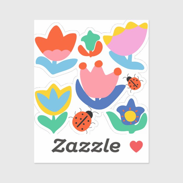 Sticker tulipes colorées avec coccinelles (Feuille)