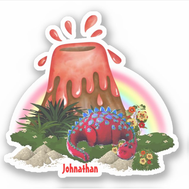 Sticker Turc de dinosaure rouge mignon fleur arc-en-ciel (Devant)
