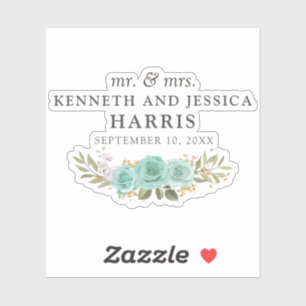 Sticker Turquoise Floral Bleu Roses Noms et Mariage Date