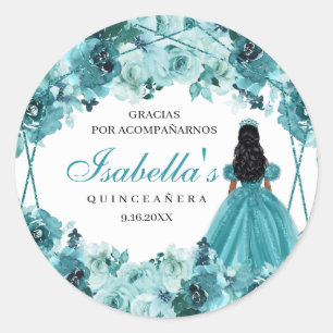Sticker turquoise Floral Quinceanera Classic Round