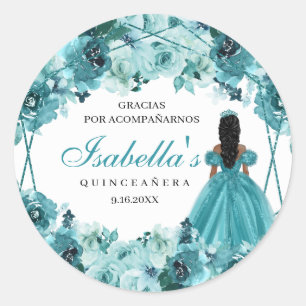 Sticker turquoise Floral Quinceanera Classic Round