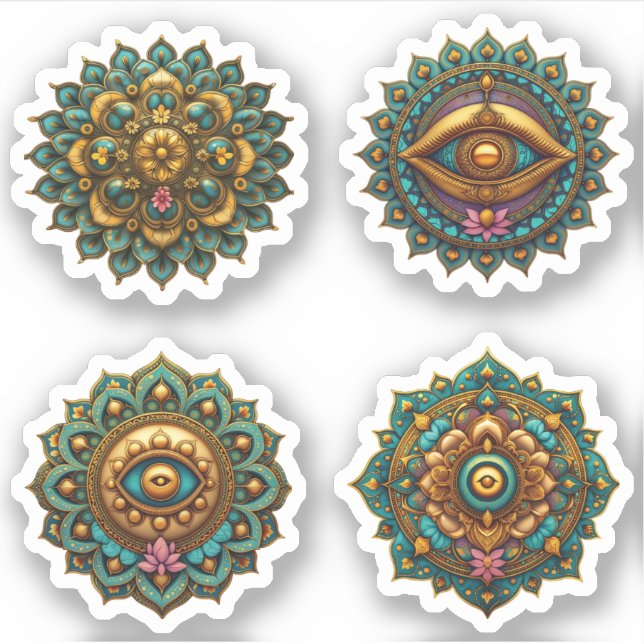 Sticker Turquoise Gold Lotus Mandala - Fantasy Graphic 4pc (Devant)