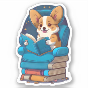 Sticker Un chiot Corgi lisant un livre