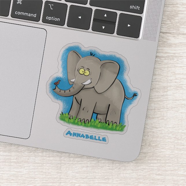 Sticker Un joli éléphant drôle avec un oiseau sur le tronc (Détail)