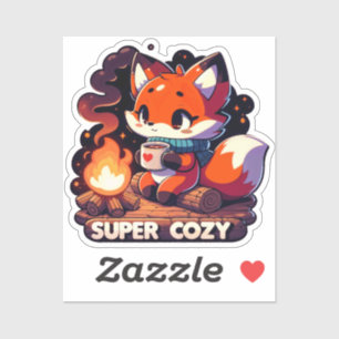 Sticker Un renard assis sur une rondelle avec une tasse de