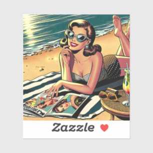 Sticker Une femme rétro à la plage lit un magazine de mode
