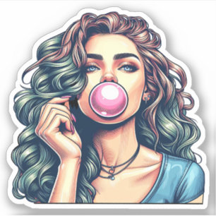 Sticker Une femme soufflant bulle gomme bulle art
