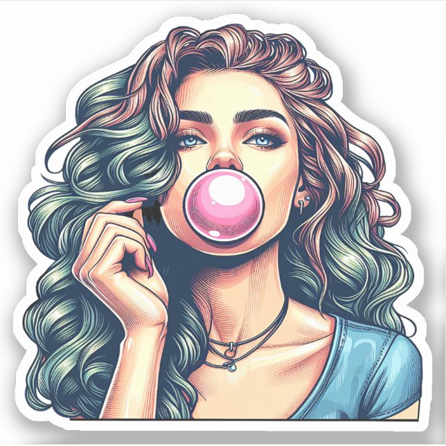 Sticker Une femme soufflant bulle gomme bulle art (Devant)