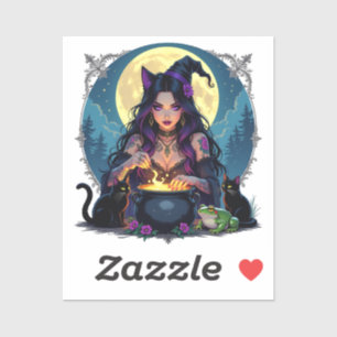 Sticker Une sorcière, un chat noir et une Halloween de gre
