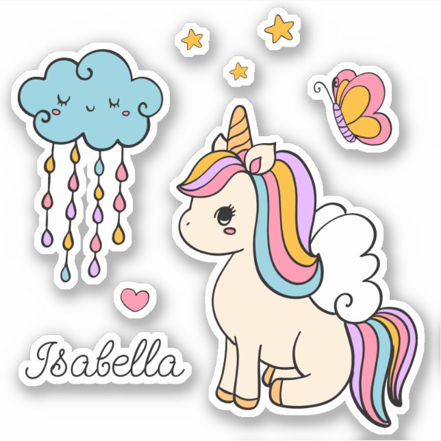 Sticker Unicorn mignon Whimsical Girl Nom personnalisé (Devant)