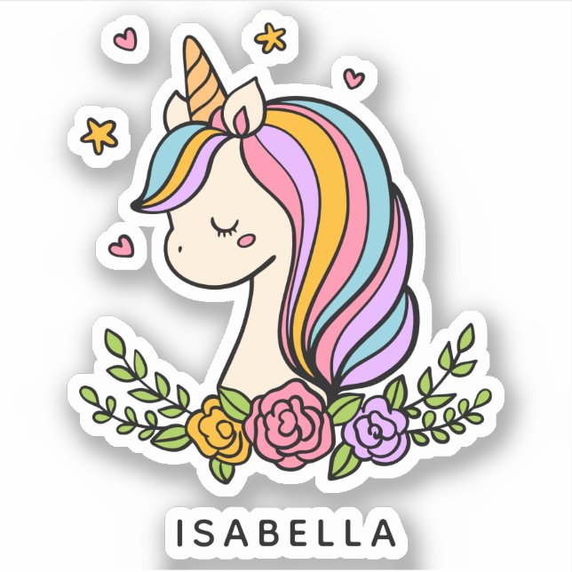 Sticker Unicorn mignon Whimsical Girl Nom personnalisé (Devant)