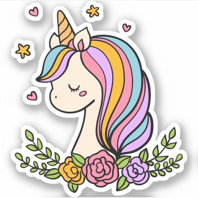 Sticker Unicorn mignonne fille Whimsical rose floral (Devant)