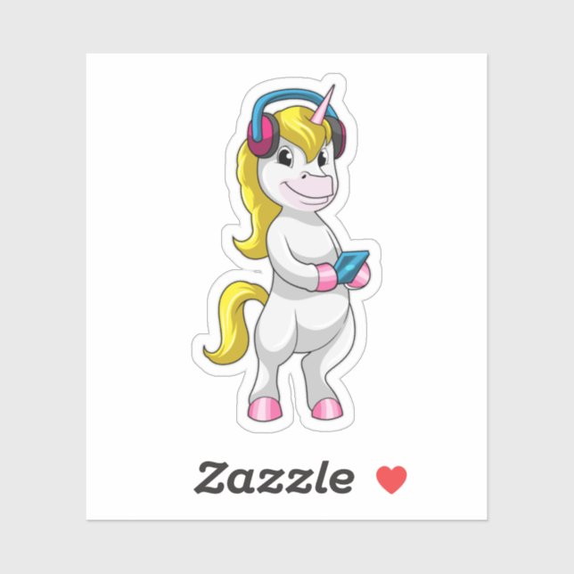 Sticker Unicorne à l'écoute de musique avec casque (Feuille)