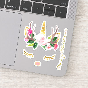 Sticker Unicorne rose de Noël Lashes Antlers et Nez