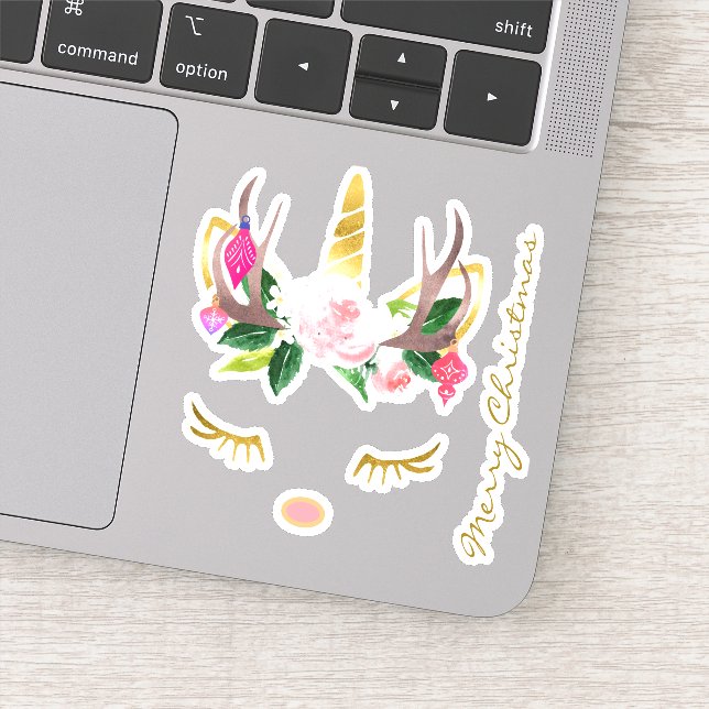 Sticker Unicorne rose de Noël Lashes Antlers et Nez (Détail)