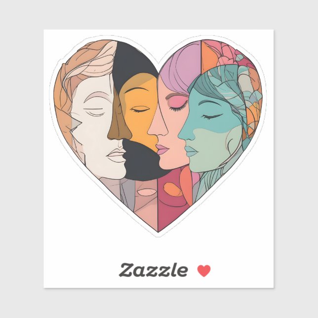 Sticker Unity Heart Diverse Faces Line Art Diversity  (Feuille)
