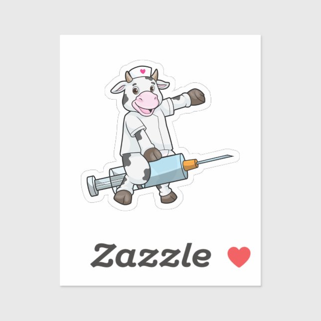 Sticker Vache comme infirmière avec coeur et seringue (Feuille)