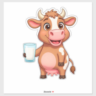 Sticker Vache de dessin animé heureuse avec une tasse de m