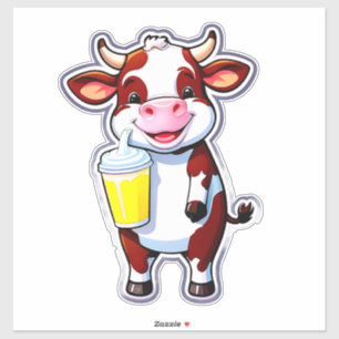 Sticker Vache de dessin animé heureuse avec une tasse de m