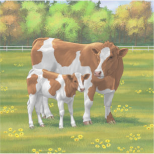 Sticker Vache de Guernesey et veau mignon dans les pâturag