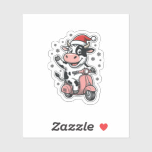Sticker Vache de Noël à scooter rose vintage vecteur_1