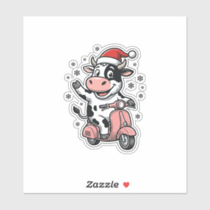 Sticker Vache de Noël à scooter rose vintage vecteur_1